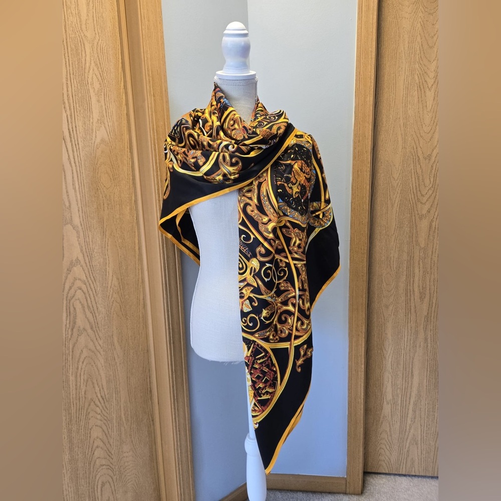 SILK Designer Inspired black and gold scarf, 51X51 inch